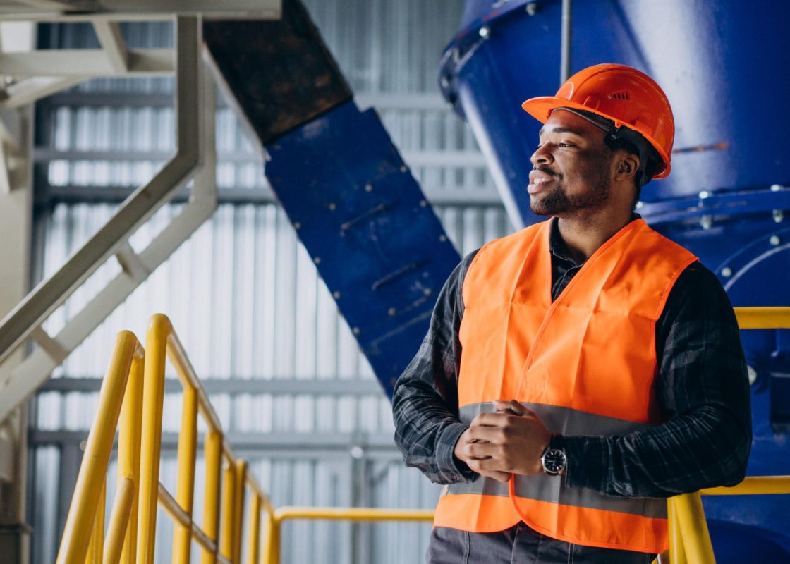 African American Worker Standing Uniform Wearing Safety Hat Factory