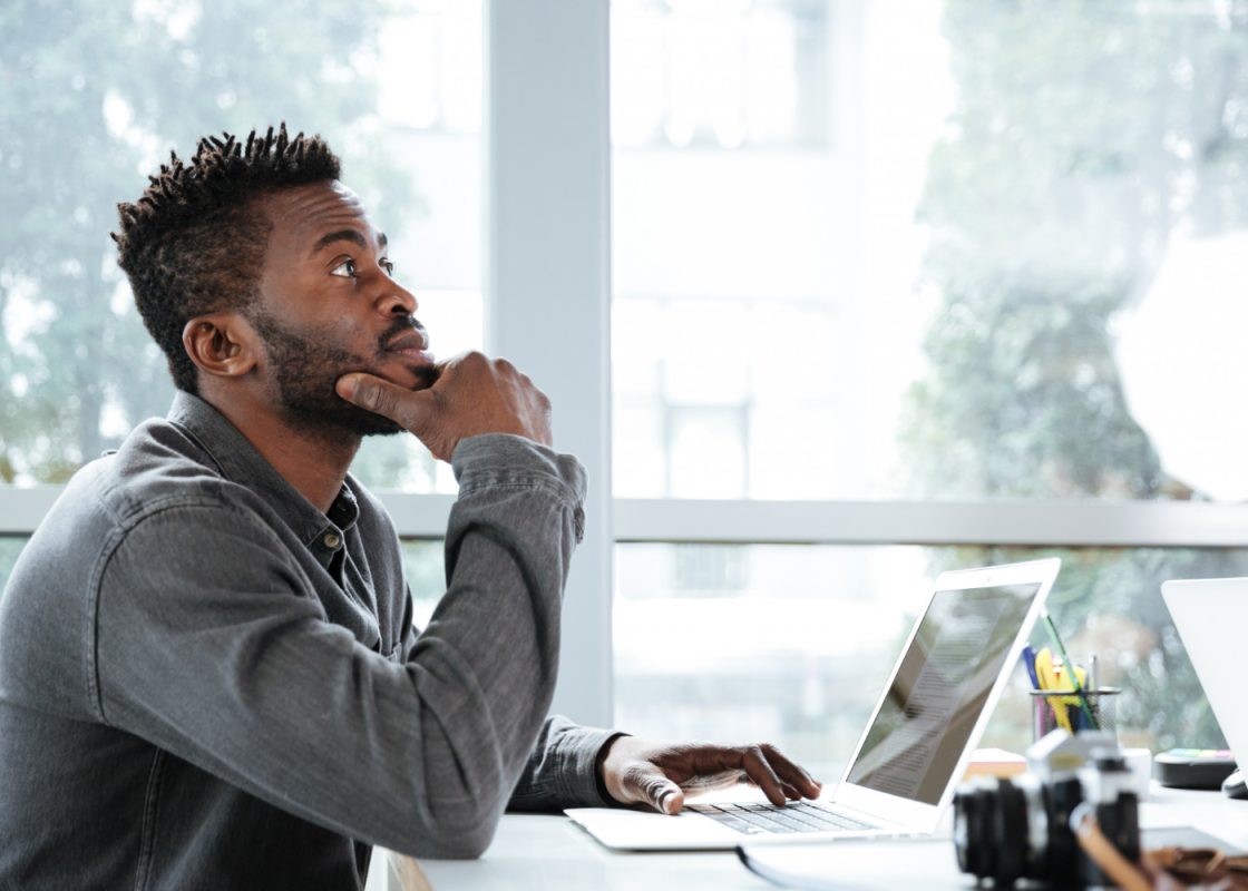 Handsome Thinking Serious Young Man Sitting Office Coworking