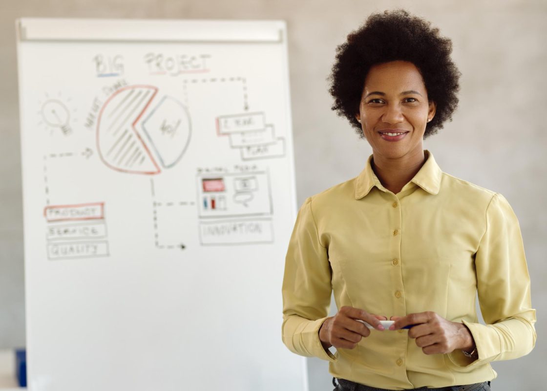 Happy Black Businesswoman Front Whiteboard During Business Presentation