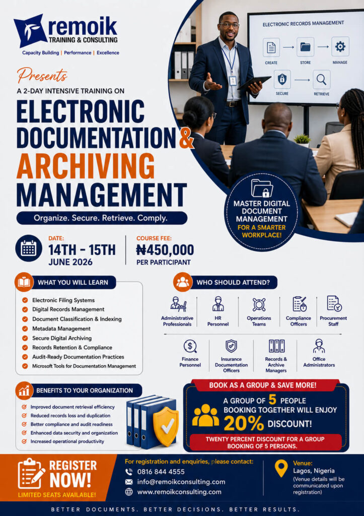 Poster advertising a 2-day intensive training on Electronic Documentation & Archiving Management, with dates June 14–15, 2026 and price ₦450,000 per participant; shows presenter and attendees.