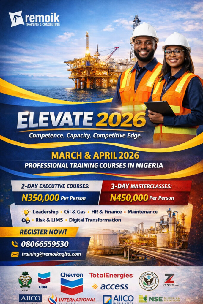 Promotional poster for Elevate 2026: two construction workers in safety gear beside an offshore oil platform, with event details.