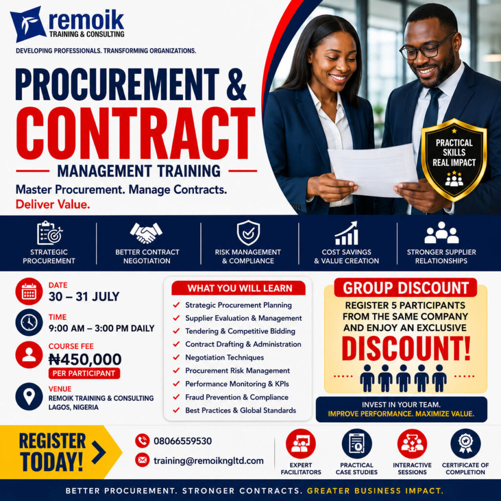 Remoik Training banner promoting Procurement & Contract Management Training with two professionals and a shield badge.