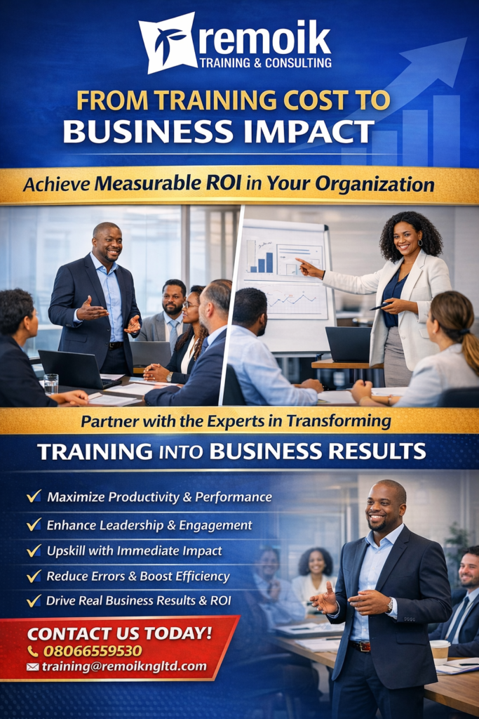 Poster for Remoik Training & Consulting featuring a team meeting with a presenter beside a chart, headline 'From Training Cost to Business Impact' and contact info for training services.